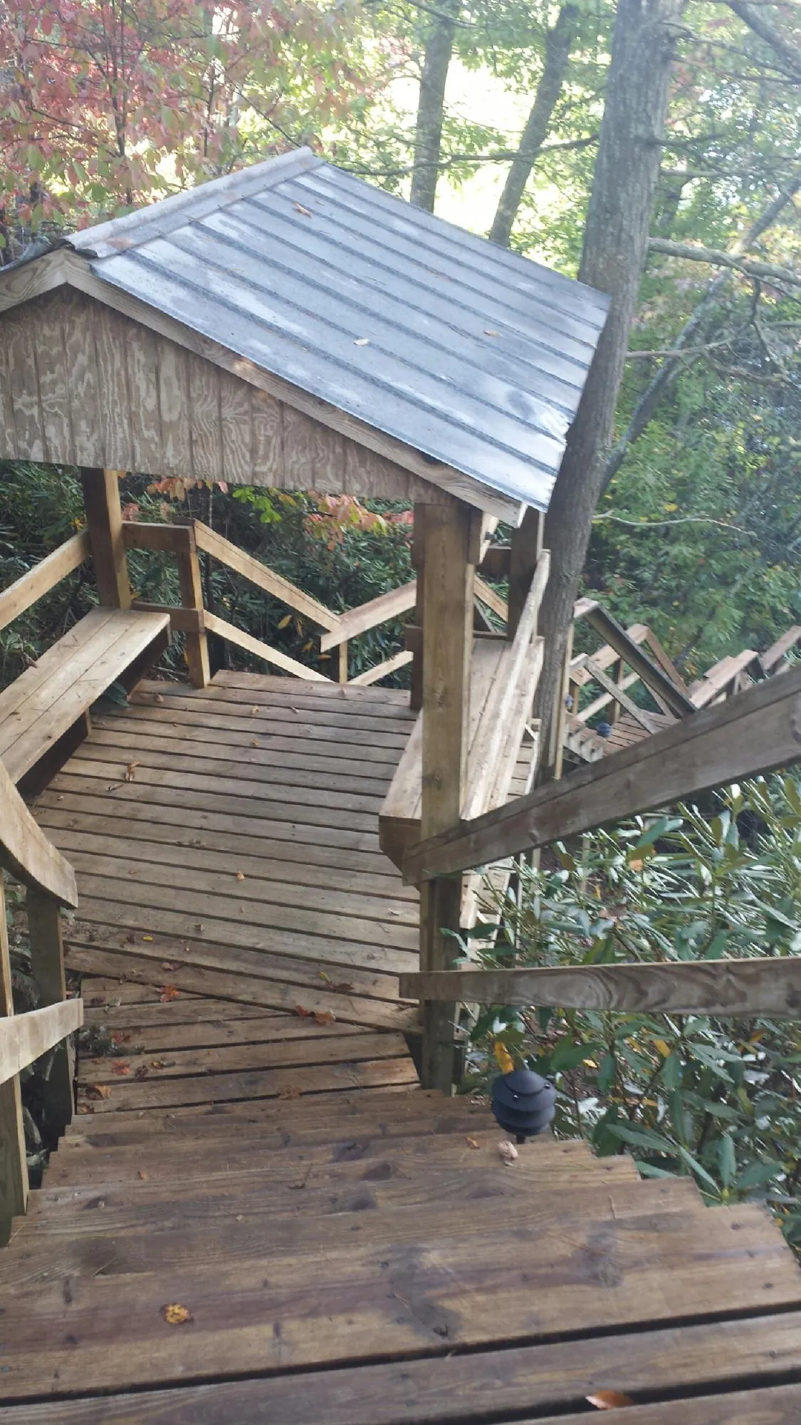 Metal roofed shelter over wooden steps on a wooded walkway — Skylight Repair & Installation work by our crew in Horse Branch